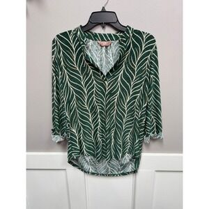 Amana Green Leaf Print Roll Tab Sleeve Blouse Split Neck Top Medium T8004-34-BOM